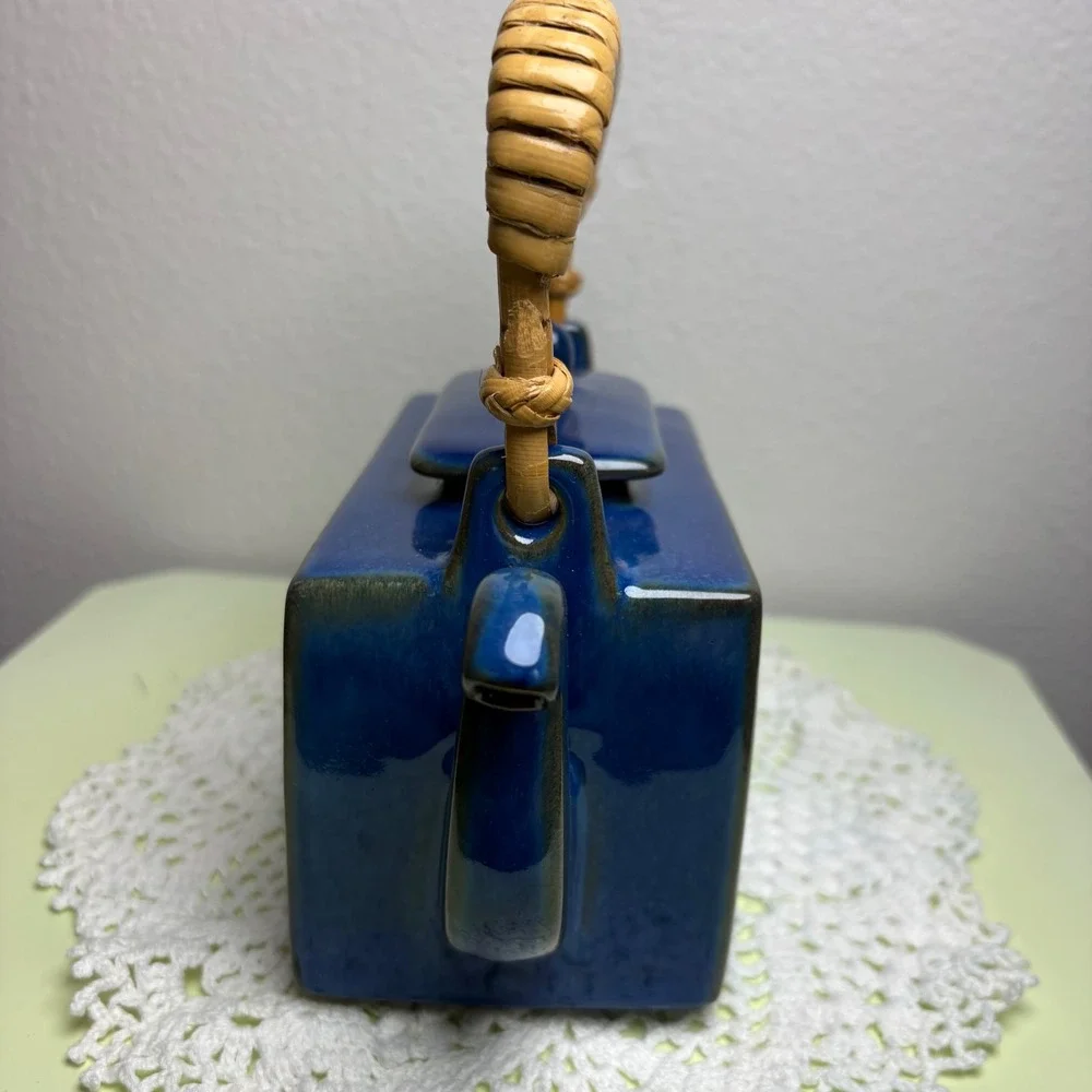 Vintage Unbranded Blue Rectangular Teapot Ceramic Wicker Handle Y2K